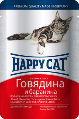 Happy Cat Кусочки в Соусе Говядина и Баранина (пауч)