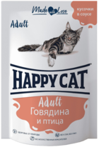 Happy Cat Кусочки в Соусе Говядина и Птица (пауч)