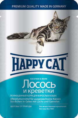 Happy Cat Кусочки в Желе Лосось и Креветки (пауч)