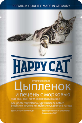 Happy Cat Кусочки в Желе Цыпленок и Печень с Морковью (пауч)