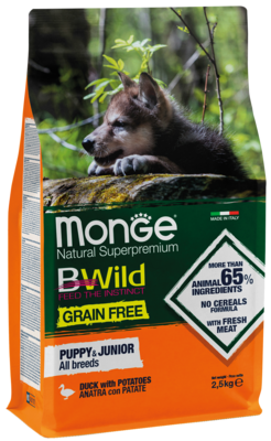 Monge BWild Grain Free Puppy & Junior All Breeds Duck with Potatoes