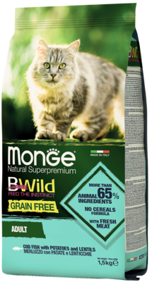 Monge BWild Grain Free Adult Cod Fish with Potatoes and Lentils for Cat