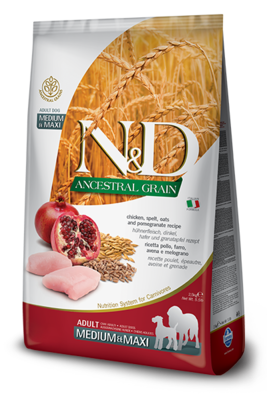 N&D Ancestral Grain Chicken, Spelt, Oats and Pomegranate Recipe Adult Medium & Maxi