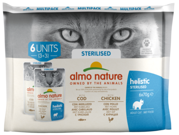 Almo Nature Holistic Sterilised Adult Cat 6 Units (3+3) with Cod with Chicken (паучи)