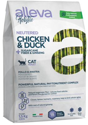 alleva Holistic Neutered Chicken & Duck + Sugarcane fiber & Ginseng Cat Adult