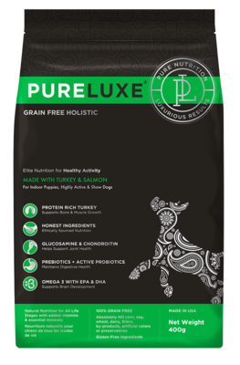 PureLuxe Elite Nutrition for Healthy Activity Made with Turkey & Salmon for Indoor Puppies, Highly Active & Show Dogs