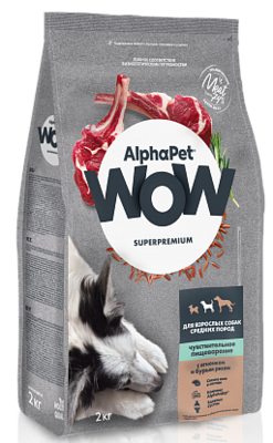 AlphaPet WOW для Взрослых Собак Средних Пород с Чувствительным Пищеварением с Ягненком и Бурым Рисом
