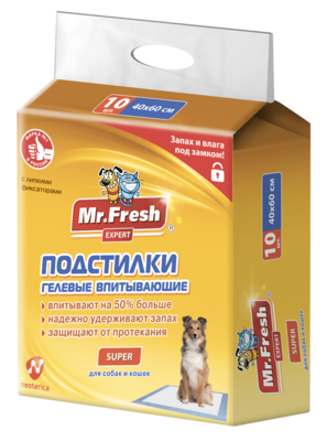 Mr.Fresh Expert Подстилки Гелевые Впитывающие Super для собак и кошек 40*60 см, 10шт.