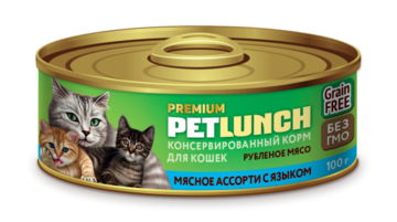 Petlunch для Кошек Мясное Ассорти с Языком (банка)