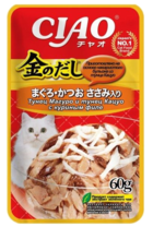 INABA Ciao Kinnodashi для кошек тунец магуро и тунец кацуо с куриным филе (в желе, пауч)