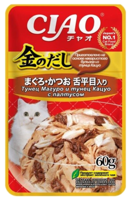 INABA Ciao Kinnodashi для кошек тунец магуро и тунец кацуо с палтусом (в желе, пауч)