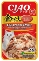 INABA Ciao Kinnodashi для кошек тунец магуро и тунец кацуо с крабом сурими (в желе, пауч)