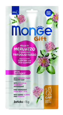 Monge Gift Rich in Fresh Codfish with Red Clover Skin Support Cat Soft Sticks