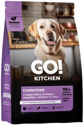Go! Kitchen Carnivore 4 Вида Мяса: Курица, Индейка, Лосось и Утка для Пожилых Собак Всех Пород