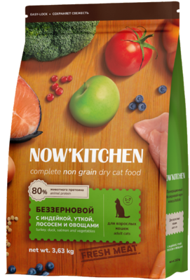 Now'Kitchen Беззерновой с Индейкой, Уткой, Лососем и Овощами для Взрослых Кошек