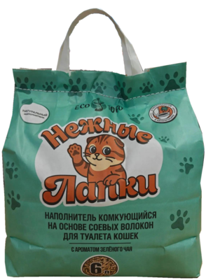 Нежные Лапки Eco Tofu Наполнитель Комкующийся на Основе Соевых Волокон для Туалета Кошек с Ароматом Зеленого Чая